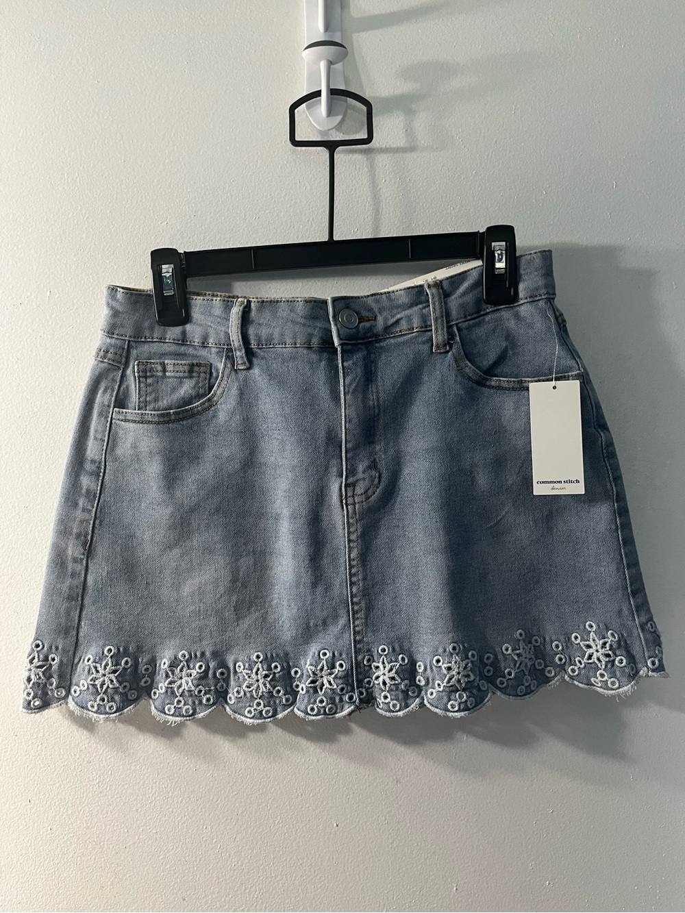 Common Stitch Light Blue Embroidered Scallop Denim Mini Skirt